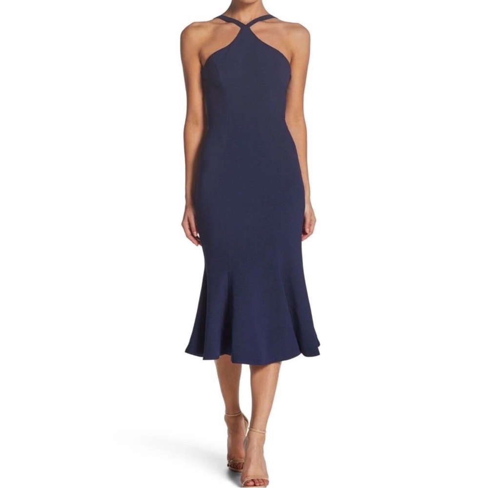 Navy Blue Crisscross Halter Mermaid Midi Dress